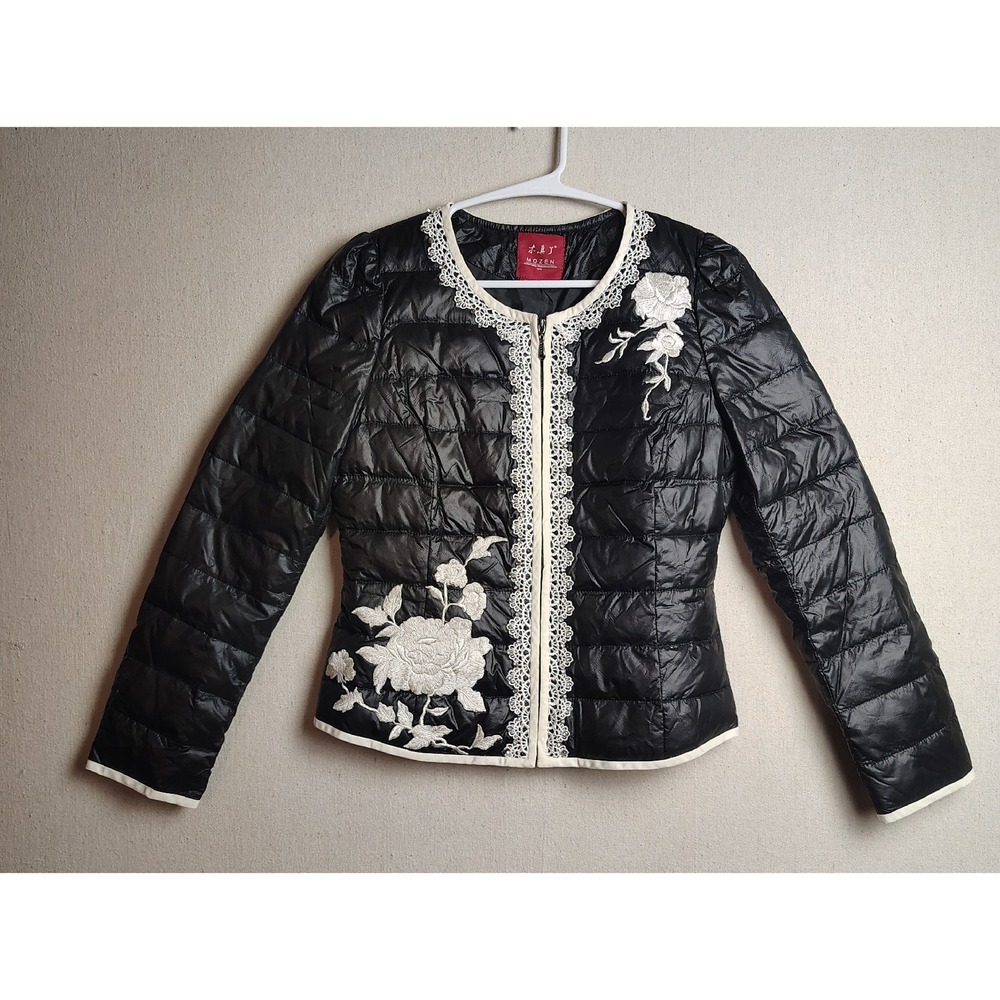 MOZEN Puffer Jacket Embroidered Floral Lace Trim Lightweight Black Size M